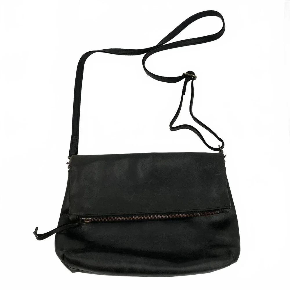 Able Black Leather Crossbody Bag | OS Regular Fold-Over Zip